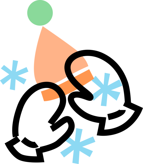 Vector Illustration of Winter Mitts or Mittens Keep Hands Warm with Toque Hat and Snowflake Crystals