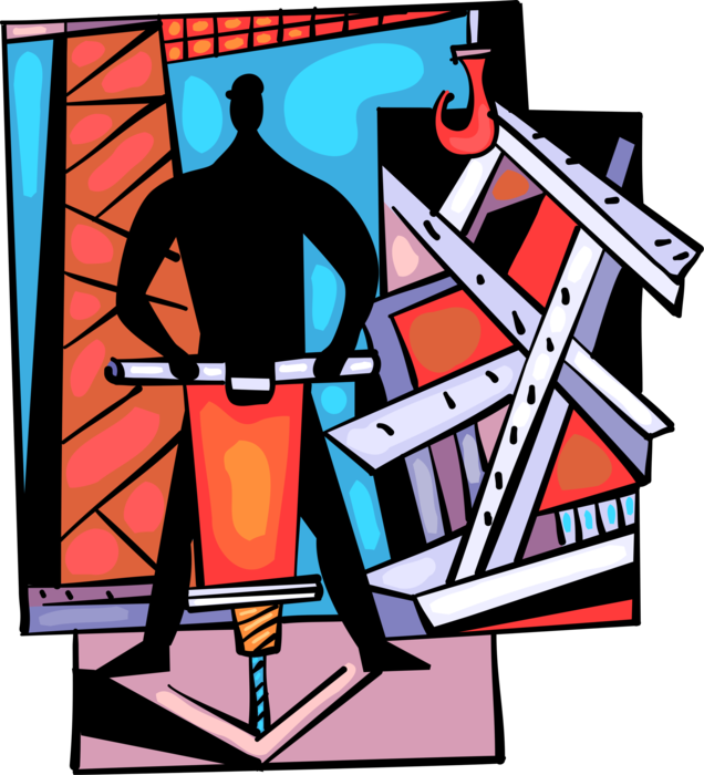 Vector Illustration of Building Construction Worker Operates Jackhammer Pneumatic Drill with Steel Girders and Crane Hook