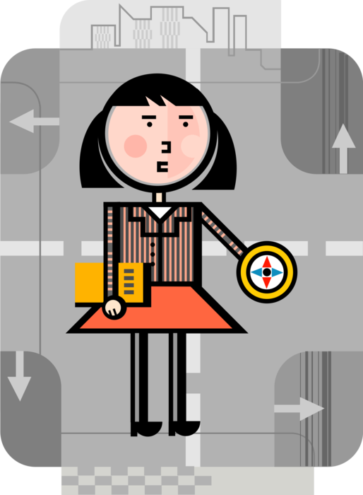 Vector Illustration of Businesswoman Navigates Business Market Terrain with Magnetic Navigation Compass