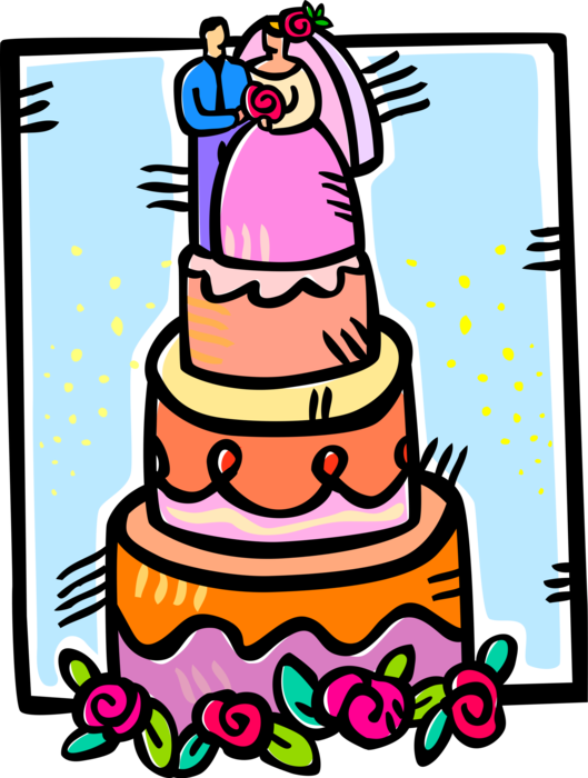 Vector Illustration of Wedding Cake Traditional Cake Served at Wedding Receptions with Bride and Groom Cake Topper