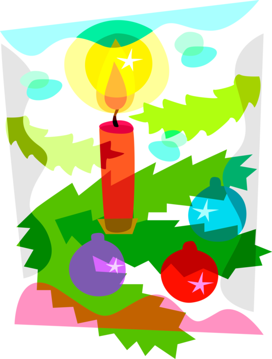 Vector Illustration of Holiday Candle with Flame and Decoration Ornaments in Christmas Tree