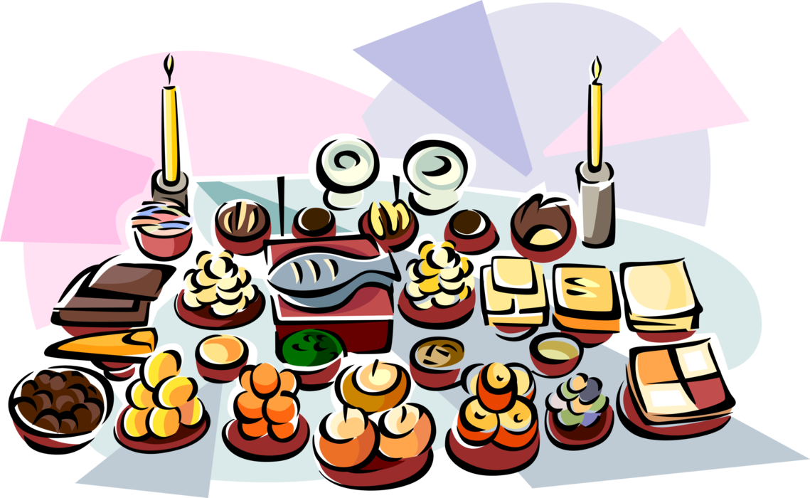 Vector Illustration of Ch'Usok Food, South Korean Harvest Day Dinner Feast Celebration