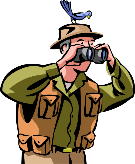 Vector Illustration of Retired Elderly Senior Citizen Birder Birdwatcher Observes Birds with Binoculars as Recreational Activity