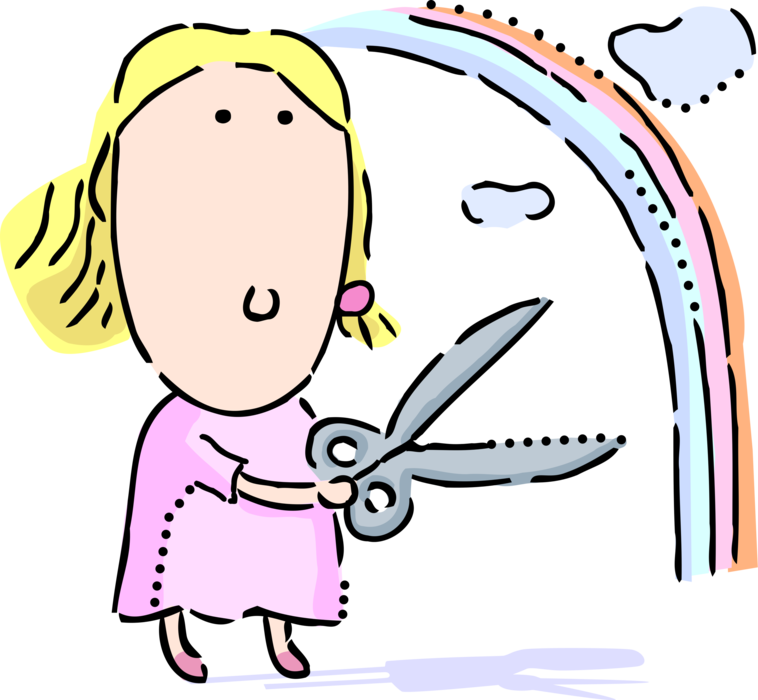 Vector Illustration of Young Child Cuts Rainbow with Scissors