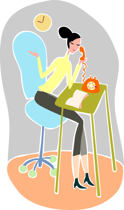 Vector Illustration of Businesswoman in Telephone Conversation Talking on Phone at Office Desk