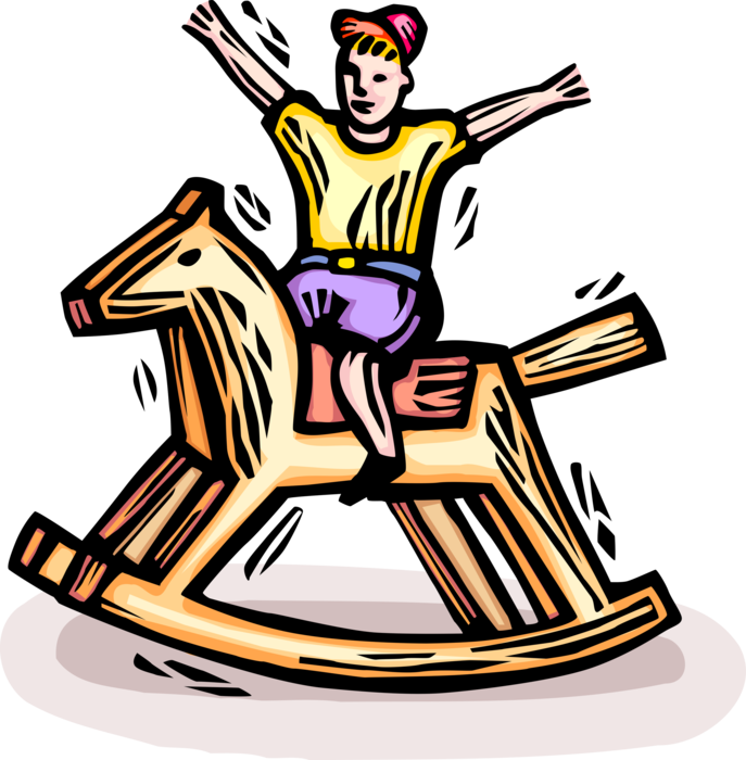 Vector Illustration of Happy Child Rides Rocking Horse Toy