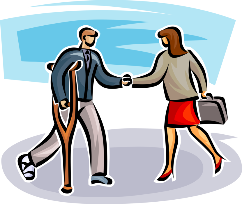 Vector Illustration of Business Associate with Broken Leg Shakes Hands with Colleague in Greeting Handshake