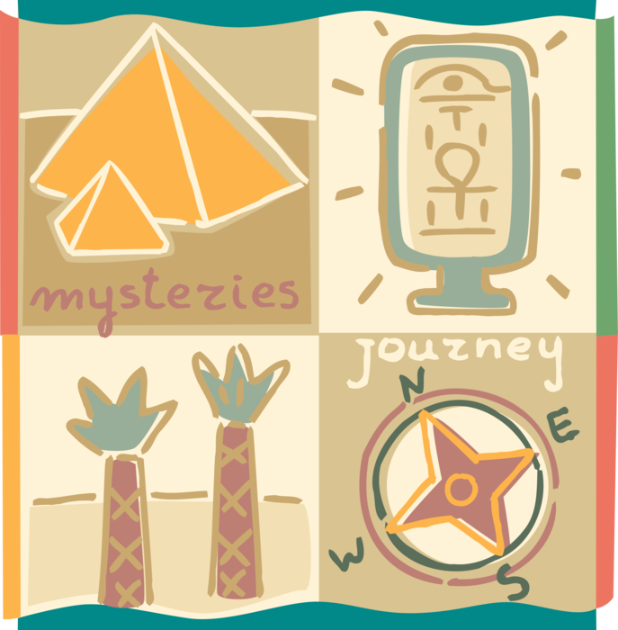 Vector Illustration of Mysteries of the World with Egyptian Pyramids, Hieroglyphs in Egypt, Navigation Compass, Date Palms