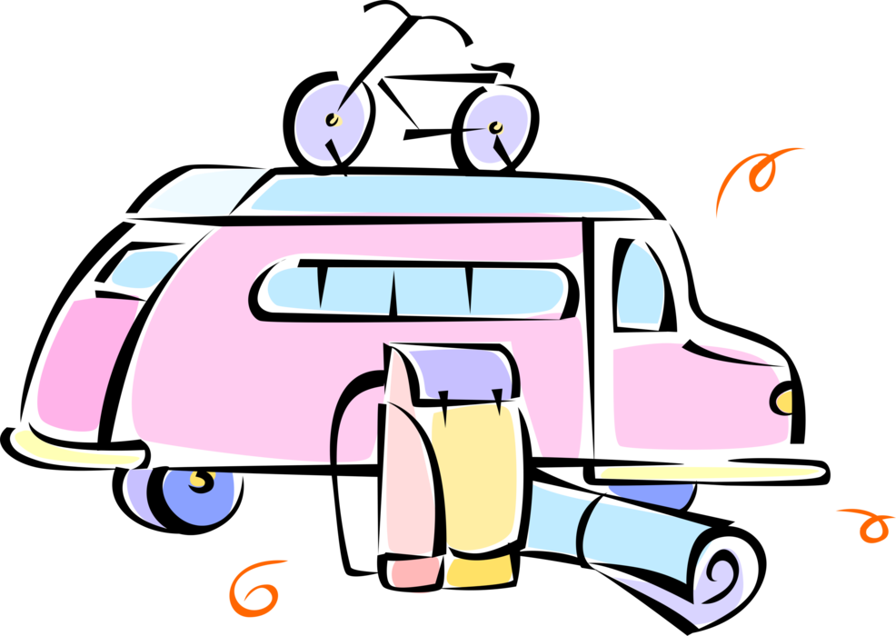 Vector Illustration of Family Camping Vacation Motorhome, Bicycle, Knapsack and Sleeping Bag