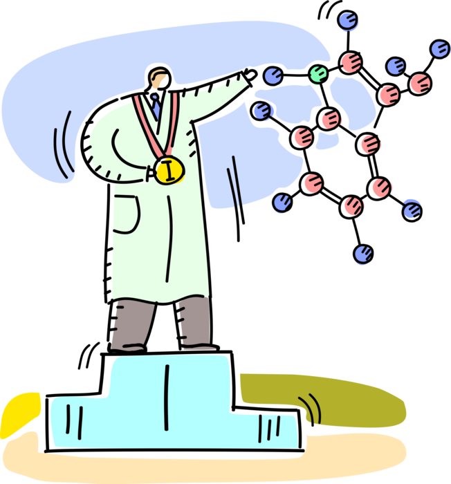 Vector Illustration of Chemistry Industry Laboratory Chemist Wins Gold Medal for Chemical Compound Molecular Innovation