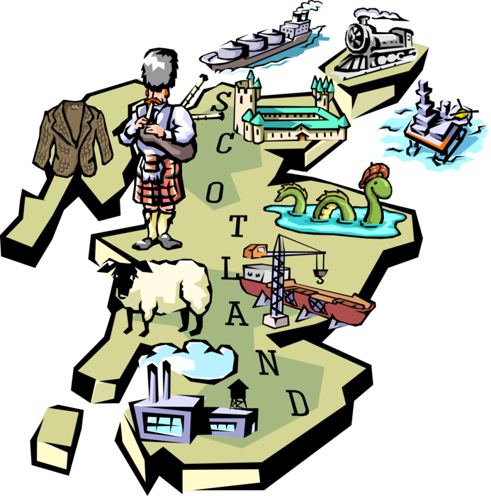 Vector Illustration of Scotland Vignette Map with Tourism Infographic Icons, United Kingdom