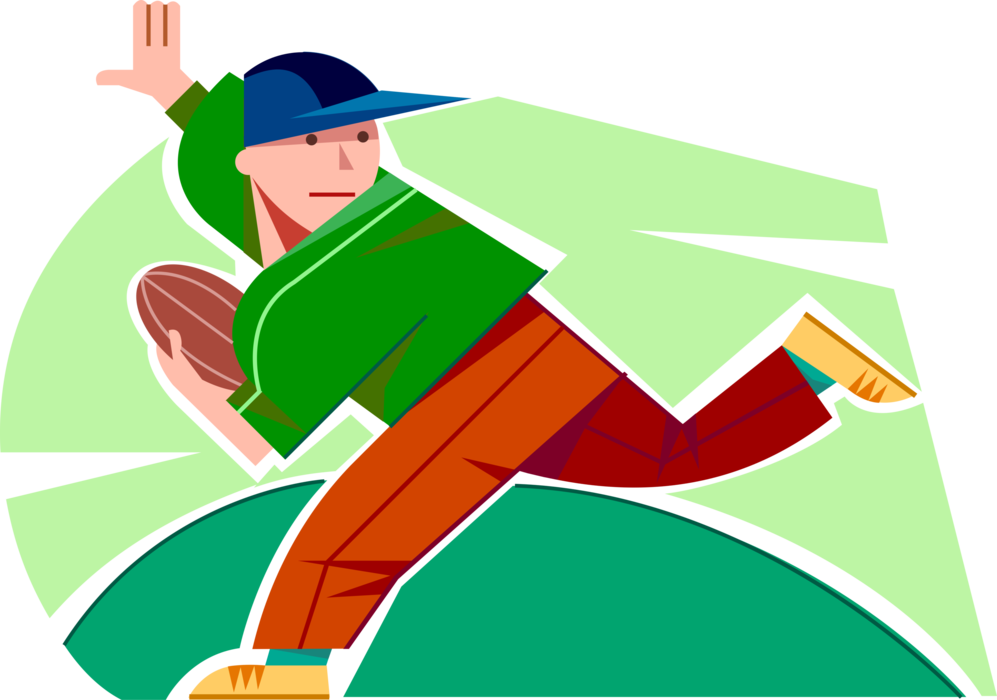 Vector Illustration of Young Adolescent Boy Runs Down the Field with Ball During Football Game