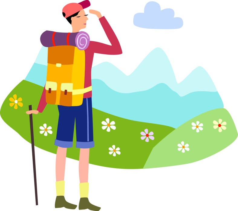 Vector Illustration of Hiker with Backpack Takes Break Enjoying Natural Environment Scenery Vista While Hiking Outdoors