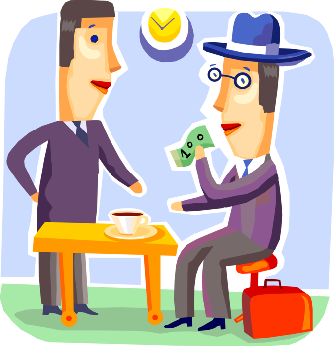 Vector Illustration of Businessman on Coffee Break Pays Restaurant Waiter Cash Money Dollars for Beverage Coffee with Big Tip