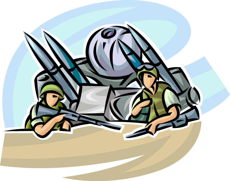 Vector Illustration of Heavily Armed United States Military Soldiers Protect Surface-to-Air Missile Defense System