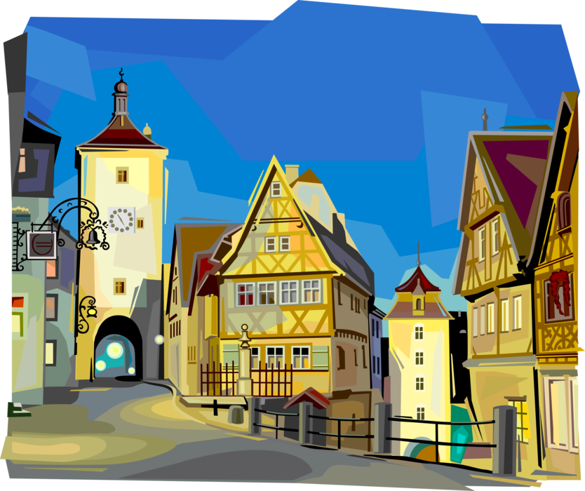 Vector Illustration of Bavaria Clock Tower Street Arch, Rothenburg, Germany