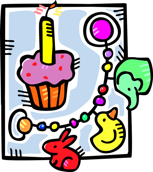 Vector Illustration of Sweet Dessert First Birthday Cupcake with Child's Crib Toy Rabbit, Yellow Bird, Elephant