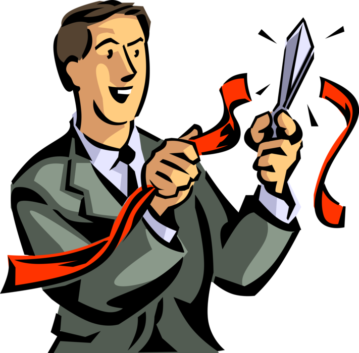 Vector Illustration of Businessman Cuts Through Red Tape Excessive Bureaucratic Regulation with Scissors