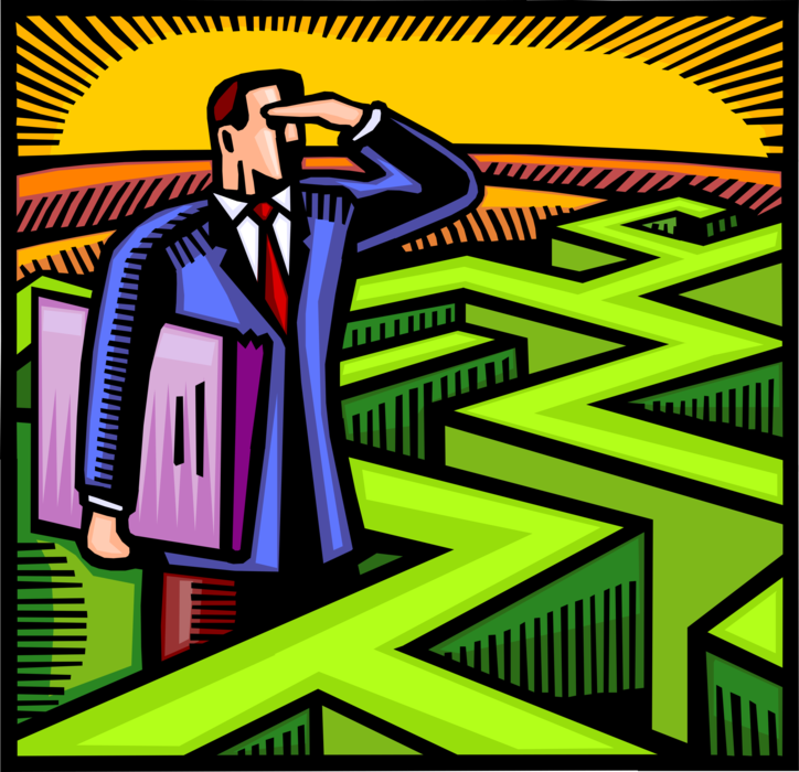 Vector Illustration of Businessman Surveys Challenges Navigating Maze Labyrinth with Walls and Passageways