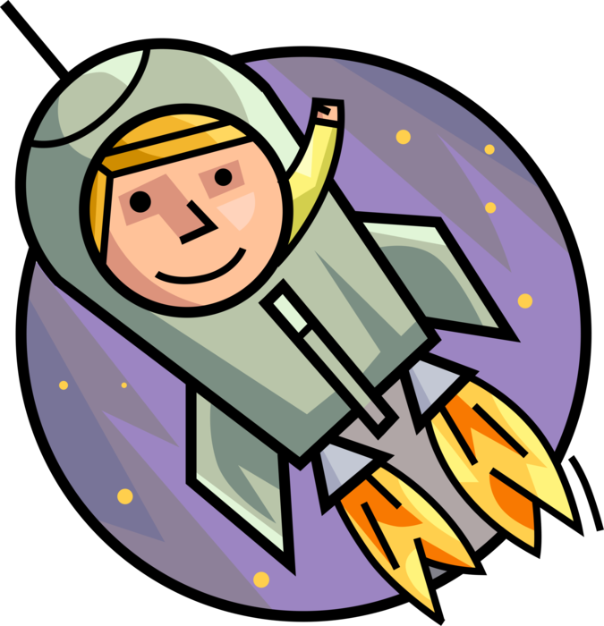 Vector Illustration of Astronaut Blasts Off in Rocketship Spaceship and Flies into Outer Space