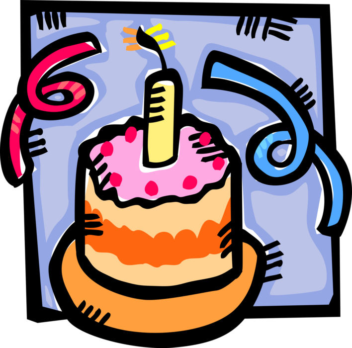 Vector Illustration of Sweet Dessert Baked Birthday Cake with Candle