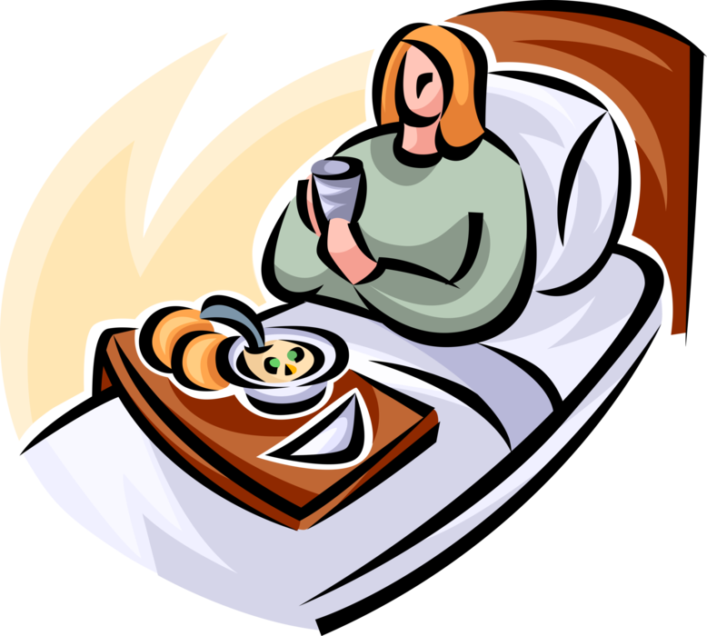Vector Illustration of Hospital Patient in Bed with Dinner Meal