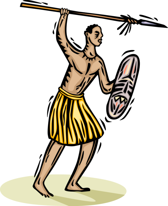 Vector Illustration of African Tribesman Hunting with Spear and Wooden Shield