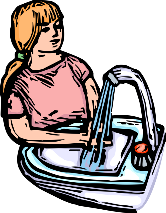 Vector Illustration of Girl Washing Hands in Sink Under Facet Water Tap