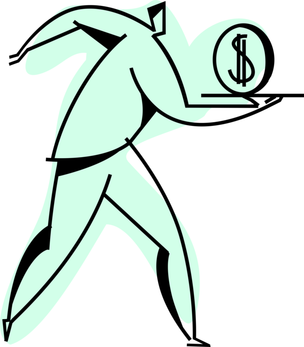 Vector Illustration of Businessman Waiter Serves Financial Cash Money Coin on Serving Tray