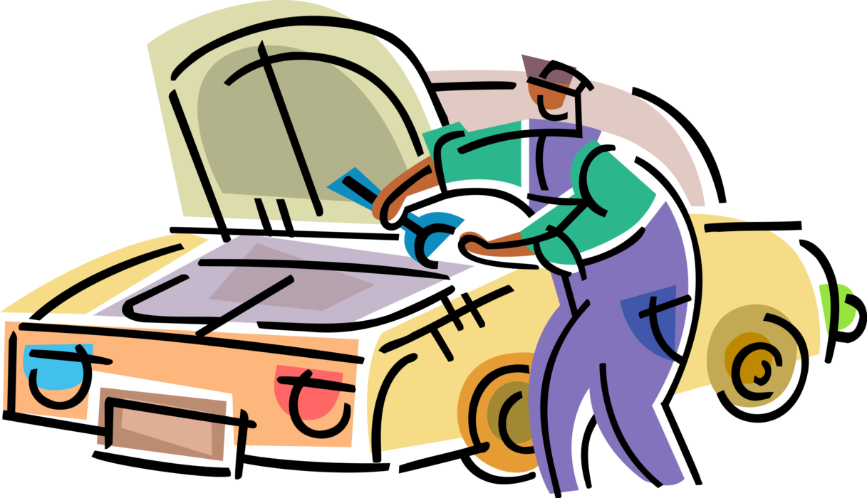 Vector Illustration of Automotive Service Technician Garage Mechanic Works on Motor Vehicle Car with Wrench Tool