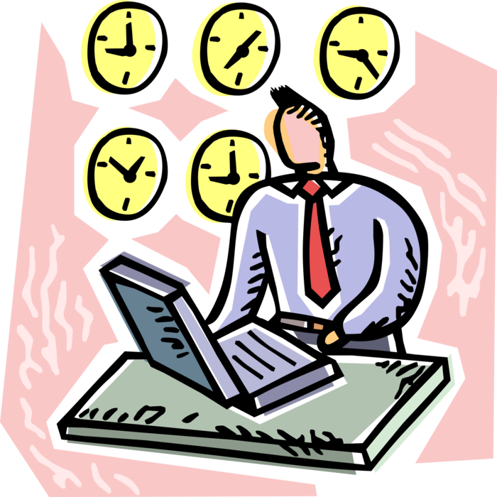 Vector Illustration of Businessman Accesses Online Internet Information with Computer from International Time Zones