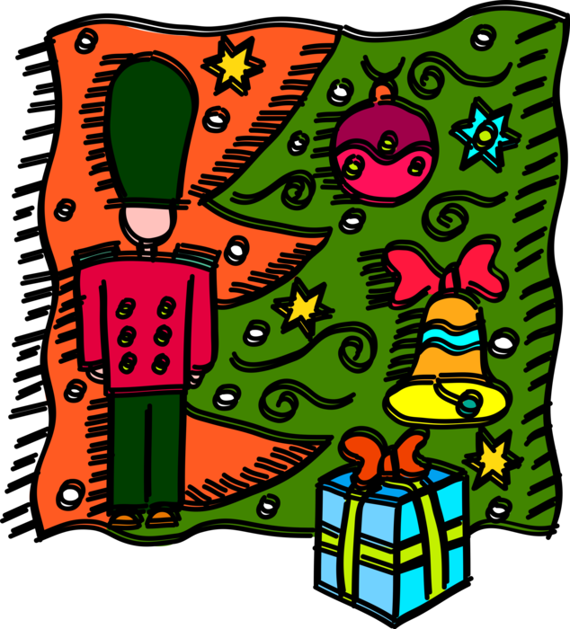 Vector Illustration of Child's Toy Soldier Under Christmas Tree with Gift Wrapped Present and Decoration Ornaments