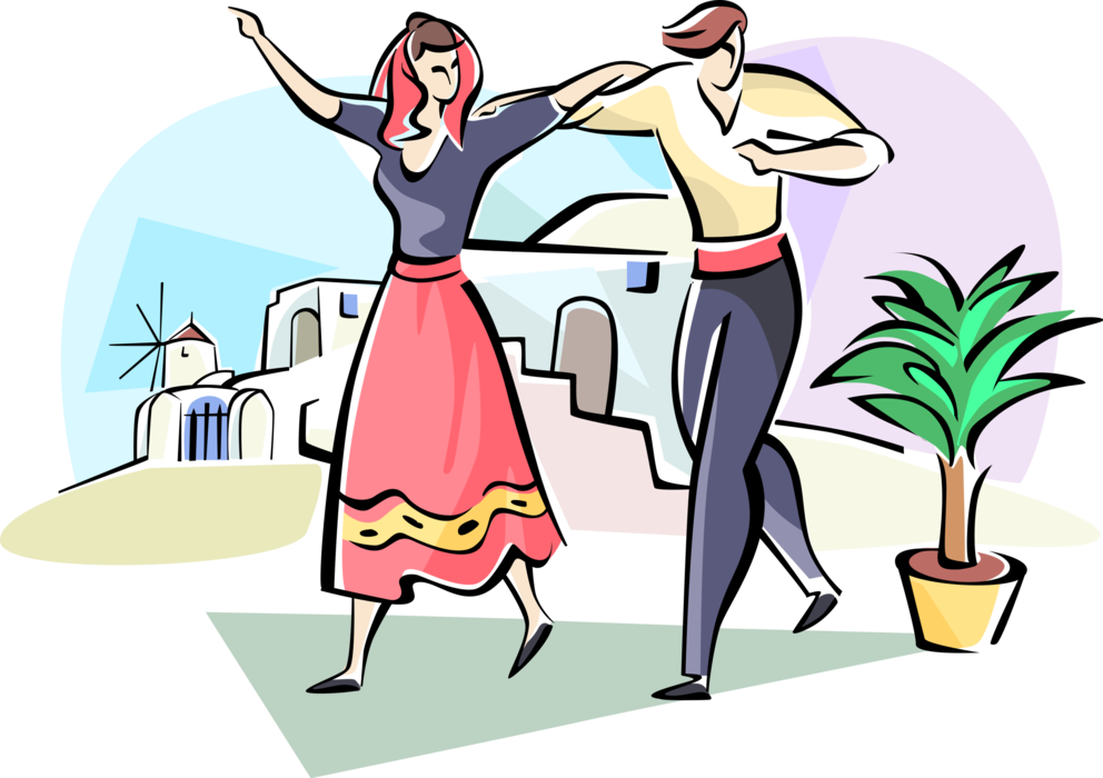 Vector Illustration of Sirtaki Greek Folkdance Dancing