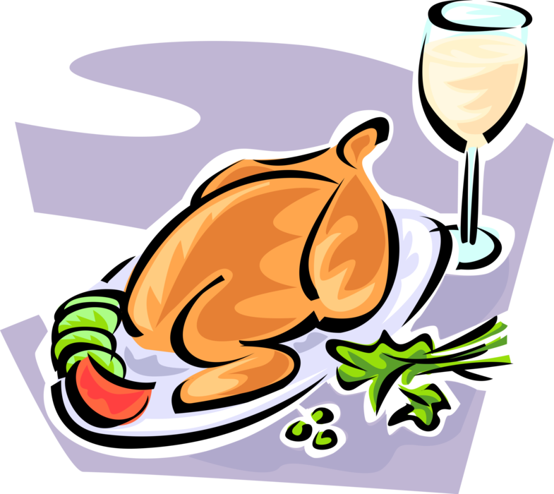 Vector Illustration of Roast Poultry Turkey or Chicken on Serving Tray with Glass of White Wine