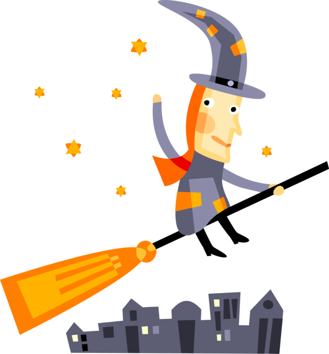 Vector Illustration of Halloween Sorceress Witch Flying on Broomstick Broom