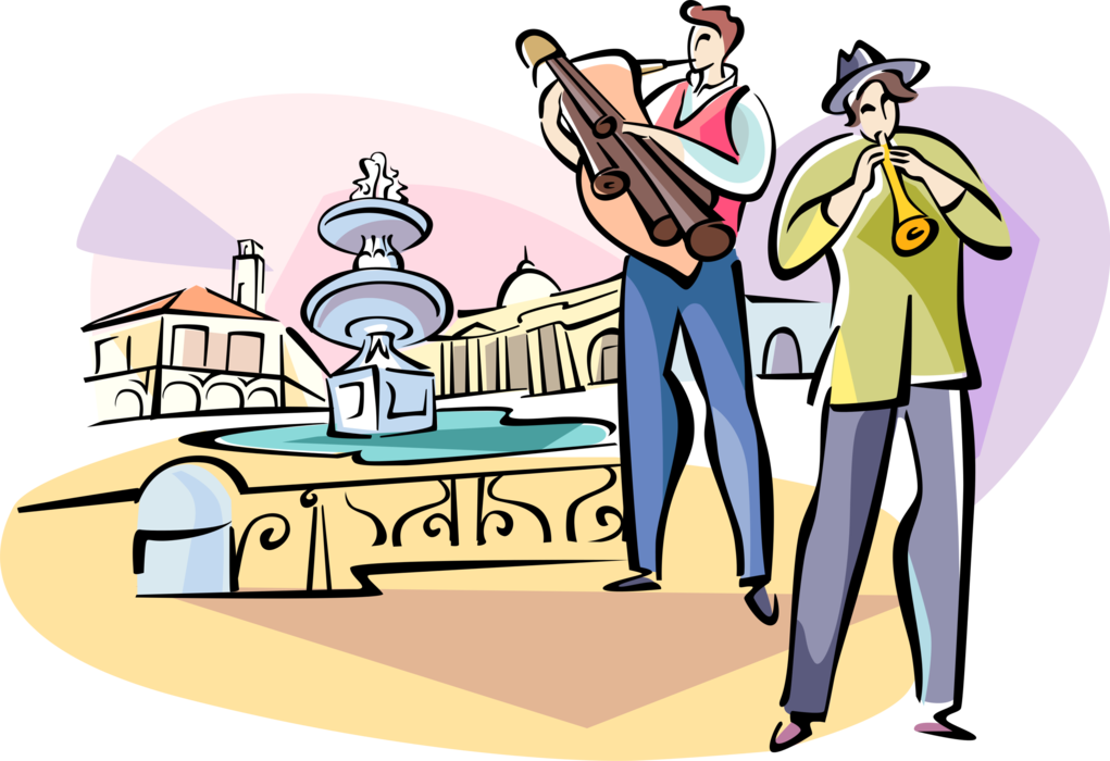 Vector Illustration of Italian Street Musicians Play Zampogna Double Chantered Pipes and Flute Horn