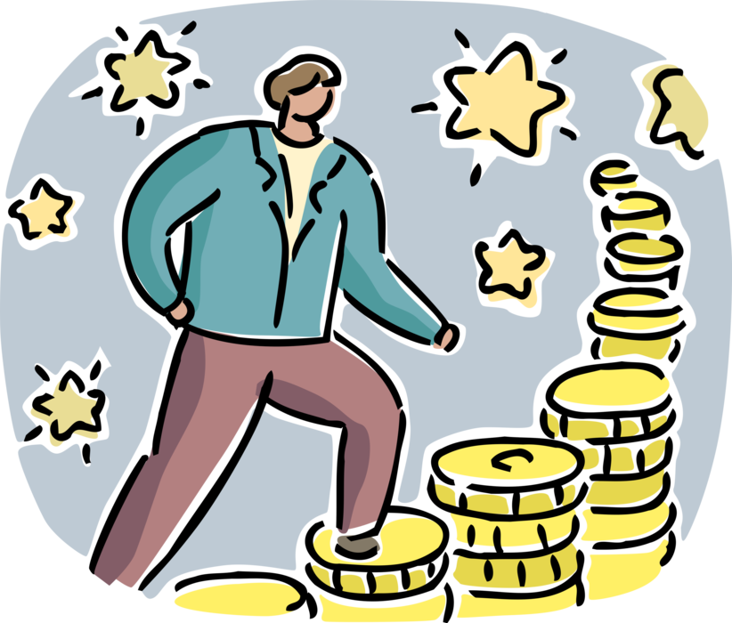 Vector Illustration of Businessman Climbs Gold Money Coin Financial Stairway to Wealth and Success