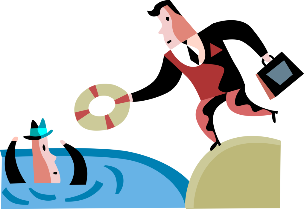 Vector Illustration of Businessman Tosses Life Ring Preserver Personal Flotation Device to Drowning Man Associate
