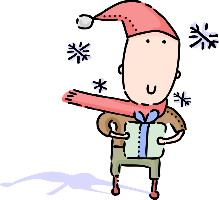 Vector Illustration of Boyfriend with Scarf and Santa Hat with Gift Wrapped Christmas Present and Ribbon Bow