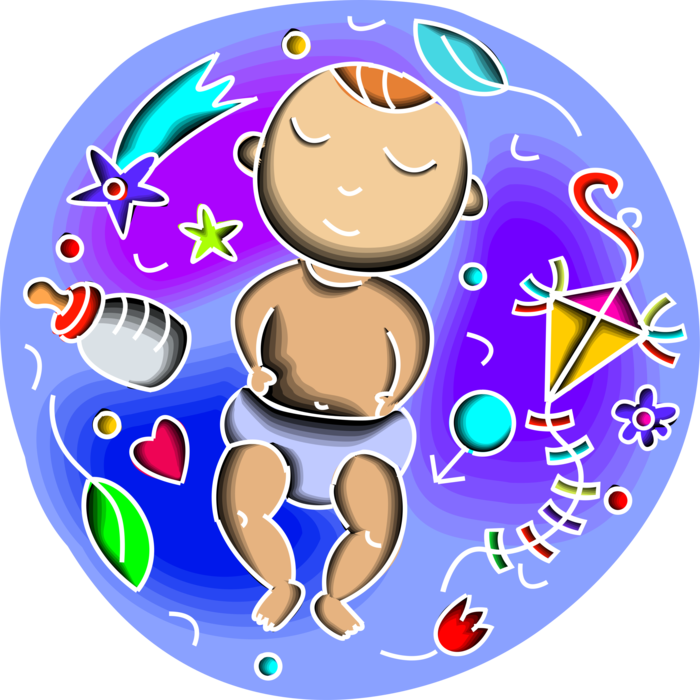 Vector Illustration of Newborn Infant Baby Boy in Diapers with Formula Bottle, Flying Kite
