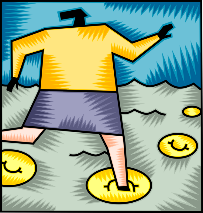 Vector Illustration of Businesswoman Tiptoes Cautiously Across Turbulent Financial Waters on Money Coins 