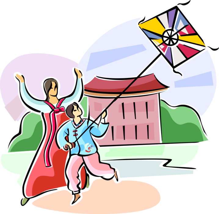 Vector Illustration of Korean Kite Flying