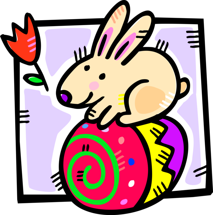 Vector Illustration of Pascha Easter Bunny Rabbit Sits on Painted Decorated Easter Egg with Tulip Flower