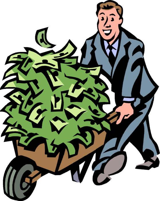 Vector Illustration of Businessman with Financial Windfall Bonanza Wheelbarrow Full of Cash Money Dollars