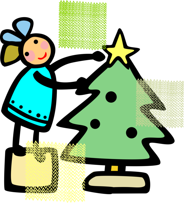 Vector Illustration of Young Girl Places Star Decoration Ornament on Evergreen Christmas Tree