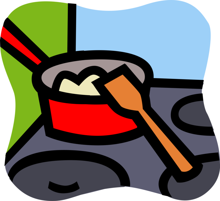 Vector Illustration of Kitchen Kitchenware Saucepan Cooking Pot on Stove Range Burner with Wooden Spoon