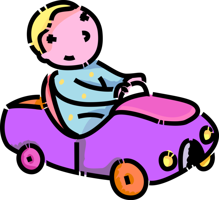 Vector Illustration of Toddler Child Plays in Toy Car Automobile Vehicle