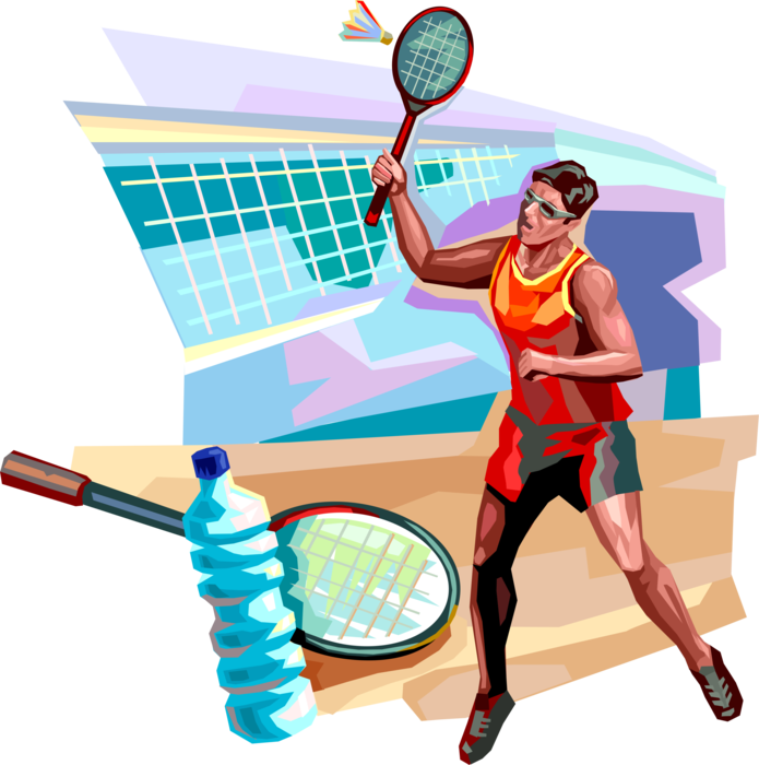 Vector Illustration of Sport of Badminton Player Returns Serve with Racket or Racquet and Shuttlecock Birdie Over Net in Competitive Game