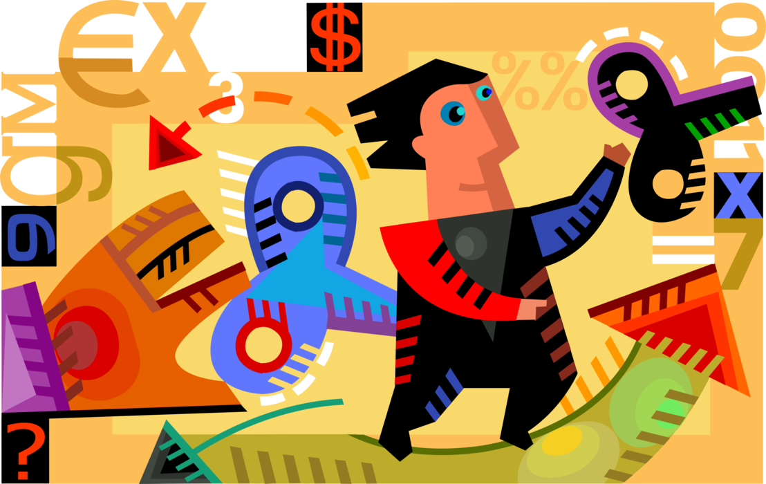 Vector Illustration of Corporate Management Turns Wind Up Key on Automaton Workforce Employee Executing Instructions