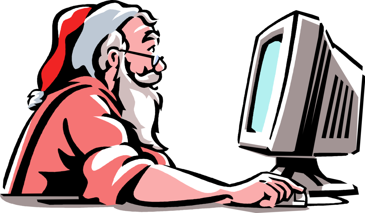 Vector Illustration of Santa Claus Works at Desktop Personal Computer